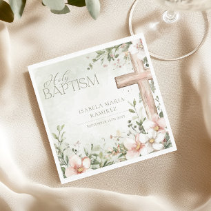 Blozende roze bloemen houten kruis meisje doop servet
