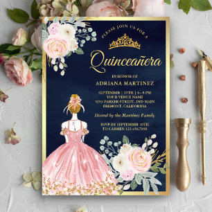 Blozende Roze Bloemen Jurk Marineblauw Goud Quince Kaart