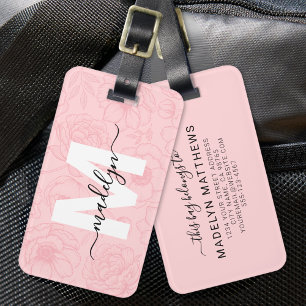 Blozende Roze Bloemen Monogram Naam Bagagelabel