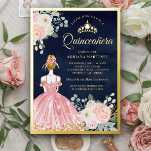 Blozende Roze Bloemenjurk Marineblauwe Quinceanera Folie Uitnodiging