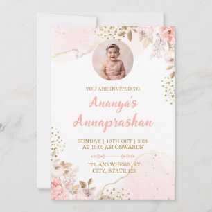 Blozende Roze Bloemige Annaprashan Foto Uitnodigin Kaart