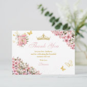 Blozende Roze Bloemige Gouden Vlinders Quinceañera Bedankkaart (Staand voorkant)