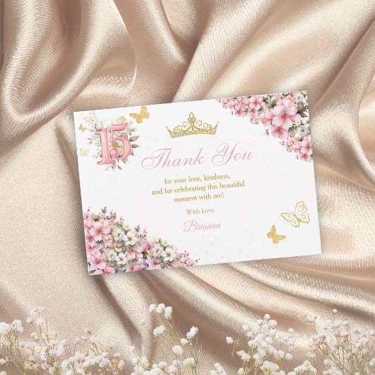 Blozende Roze Bloemige Gouden Vlinders Quinceañera Bedankkaart