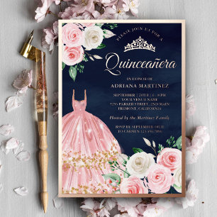 Blozende Roze Bloemige Jurk Quinceanera Navy Roze Folie Uitnodiging