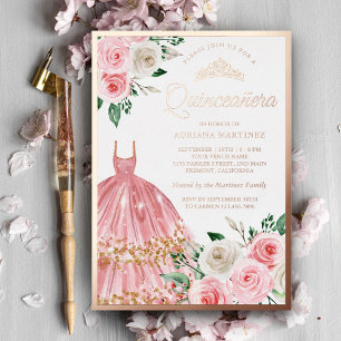 Blozende Roze Bloemige Jurk Quinceanera Roze Goud Folie Uitnodiging