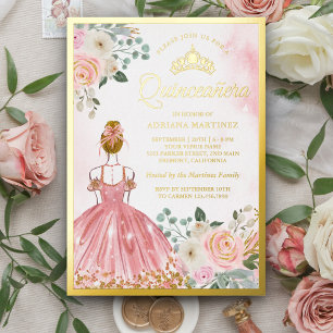 Blozende Roze Bloemjurk Prinses Quinceanera Goud Folie Uitnodiging