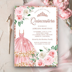 Blozende Roze Bloemjurk Roze Gouden Quinceanera Kaart