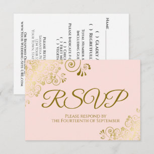 Blozende Roze & Elegante Gouden Krullen Bruiloft RSVP Kaartje