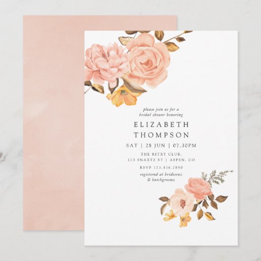 Blozende Roze en Gouden Bruiloftsfeest met Bloemen Kaart (Voorkant / Achterkant)