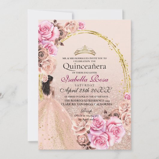 Blozende Roze en Gouden Rozen Elegante Quinceanera Kaart (Voorkant)