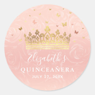 Blozende Roze en Roze Gouden Kroon Elegante Verjaa Ronde Sticker