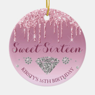 Blozende Roze Glitter Druppel Diamant Sweet Sixtee Keramisch Ornament