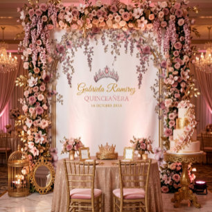 Blozende Roze Gouden Bloem Quinceañera Achtergrond Wandkleed