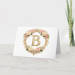 Blozende Roze Gouden Bloemige Monogram Letter B Tr Bedankkaart