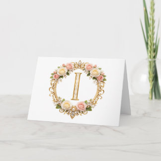 Blozende Roze Gouden Bloemige Monogram Letter I Tr Bedankkaart