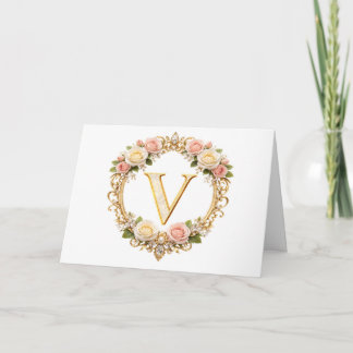 Blozende Roze Gouden Bloemige Monogram Letter V Tr Bedankkaart