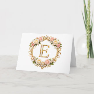 Blozende Roze Gouden Bloemstuk Monogram Letter E T Bedankkaart