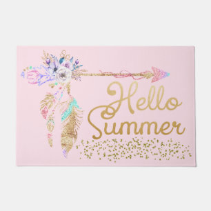 Blozende Roze Gouden Glitters Boho Veer Hallo Zome Deurmat