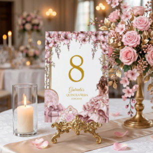 Blozende Roze Gouden Tiara Bloemige Quinceañera Kaart