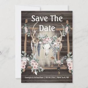 Blozende roze groene boho gewei tribal veer hout save the date