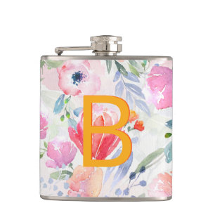 Blozende roze paarse bloemen monogram heupfles