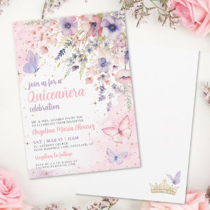 Blozende Roze Paarse Bloemige Vlinder Quinceanera Kaart