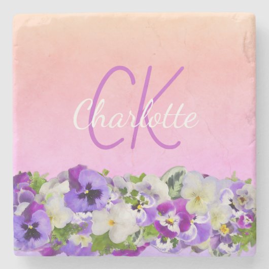Blozende roze paarse bloemnaam script stenen onderzetter (Voorkant)