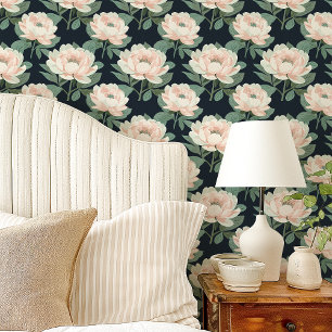 Blozende Roze Pioenrozen Op Marineblauwe Bloemen Behang