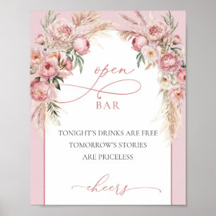 Blozende roze pioenrozen pampas boho boog open bar poster