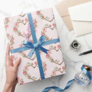 Blozende Roze Romantische Rode Roos Bloemig Hart B Cadeaupapier