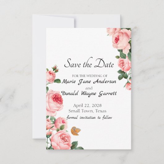 Blozende Roze Roos Save The Date (Voorkant)