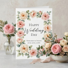 Blozende Roze Roos Waterverf Huwelijksfelicitaties