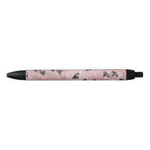 Blozende Roze Roze Goud & Zwart Driehoekjes Patroo Zwarte Inkt Pen