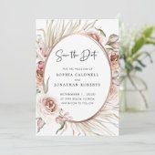 Blozende Roze Rozen Gedroogde Palm Boho Bewaar de  Save The Date (Staand voorkant)
