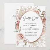 Blozende Roze Rozen Gedroogde Palm Boho Bewaar de  Save The Date (Voorkant / Achterkant)