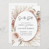 Blozende Roze Rozen Gedroogde Palm Boho Save the D Save The Date (Voorkant / Achterkant)
