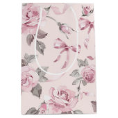 Blozende Roze Rozen & Lint Bloemig Bruidsmeisjesfe Medium Cadeauzakje (Voorkant)
