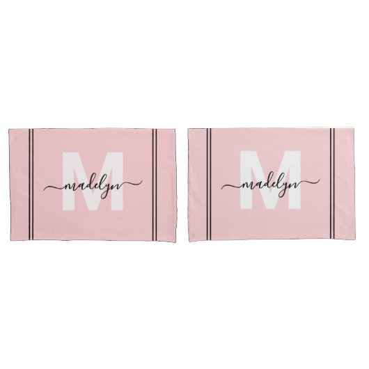 Blozende Roze Script Naam Monogram Kussensloop (Voorkant-Set)