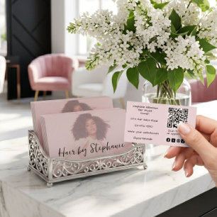 Blozende Roze Script QR Code Logo Foto Haar Salon Visitekaartje