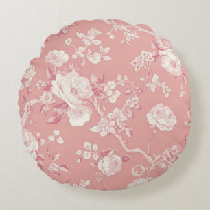 Blozende Roze Vintage Roos Toile Bloemmotief Rond Kussen