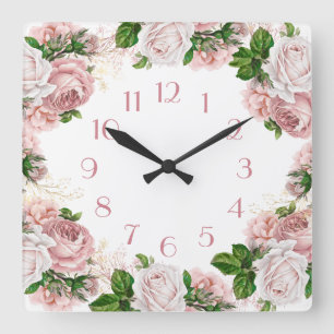 Blozende Roze Vintage Waterverf Bloem Wit Vierkante Klok