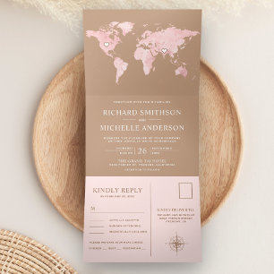 Blozende Roze Wereldkaart Beige Tan All-in-One Tro Drieluik Uitnodiging