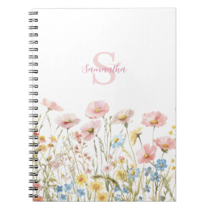 Blozende Roze Wilde Bloem Waterverf Monogram Naam Notitieboek