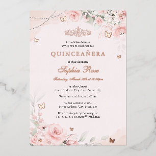 Blozende Roze Zachte Roos Vlinder Quinceanera 15e Folie Uitnodiging