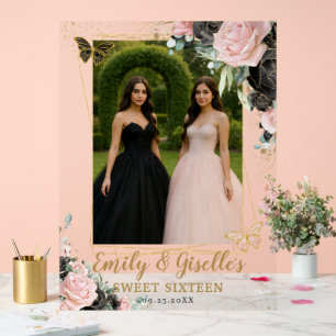 Blozende Roze Zwarte Bloemige Quinceanera Verjaard Acryl Bord