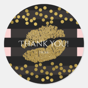 Blozende Roze & Zwarte Strepen Gouden Kus Lippen Ronde Sticker