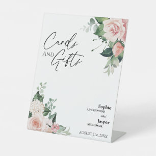 Blozende witte bloem bruiloftkaarten en geschenken reclamebord met voetstuk