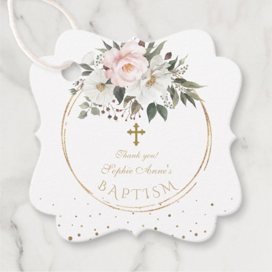 Blozende witte bloemen bloeien Gouden Kruis Doop Bedankjes Labels (Voorkant)