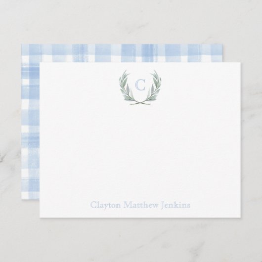 Blu Gingham Laurel Crest briefpapier dank u kaart (Voorkant / Achterkant)