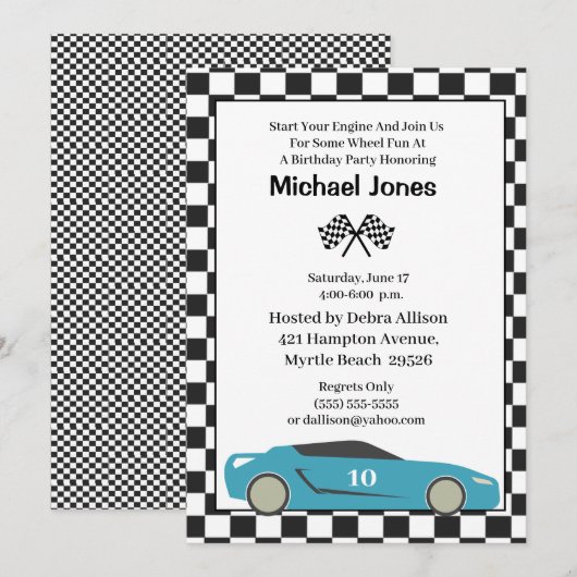 Blue 10th Birthday Race Car Invitation Kaart (Voorkant / Achterkant)